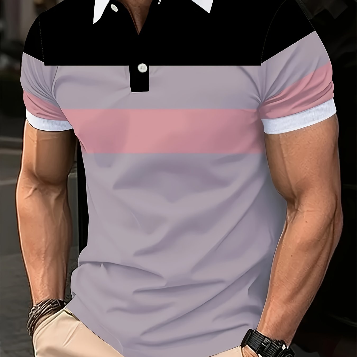 Erkaklar uchun tasodifiy blok rangli polo koftasi, polyester to'qima matosidan tayyorlangan, lapel yaka va tugma tafsilotlari bilan, barcha mavsumlar uchun kiyish uchun.