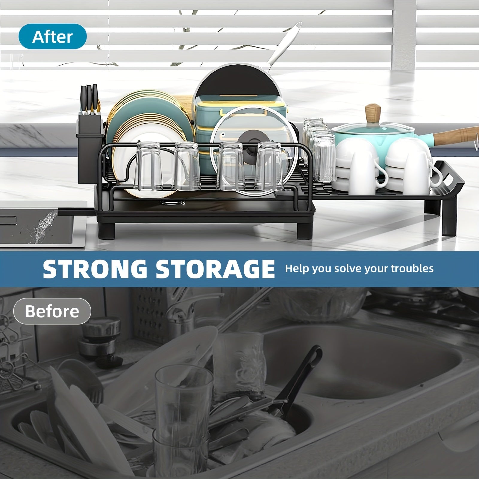 Gran escurridor de platos extensible con soportes para cubiertos y tazas, organizador de cocina resistente a la oxidación