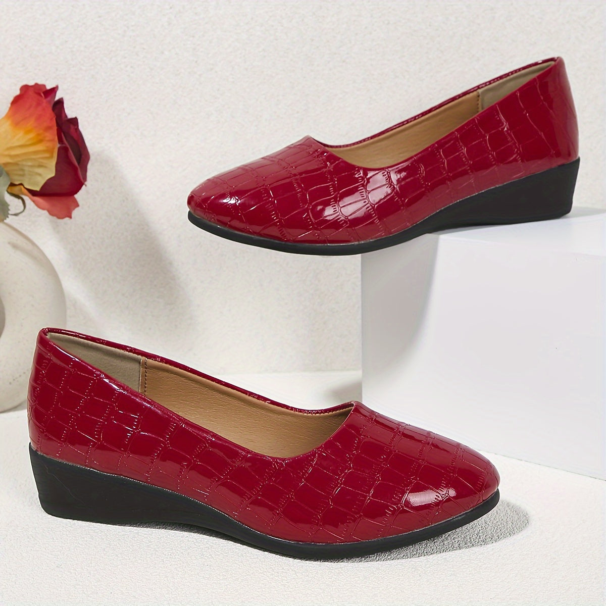 Women's Beige Crocodile-Embossed Wedge Heels Slip-On Comfort Shoes