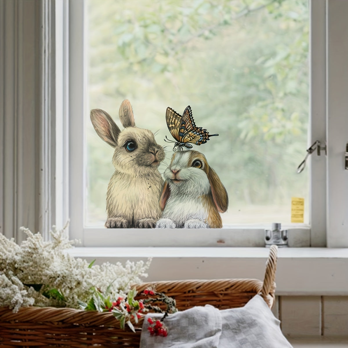 Rustic Vinyl Rabbit and Butterfly Window Cling Self-Adhesive Reusable Door Sticker