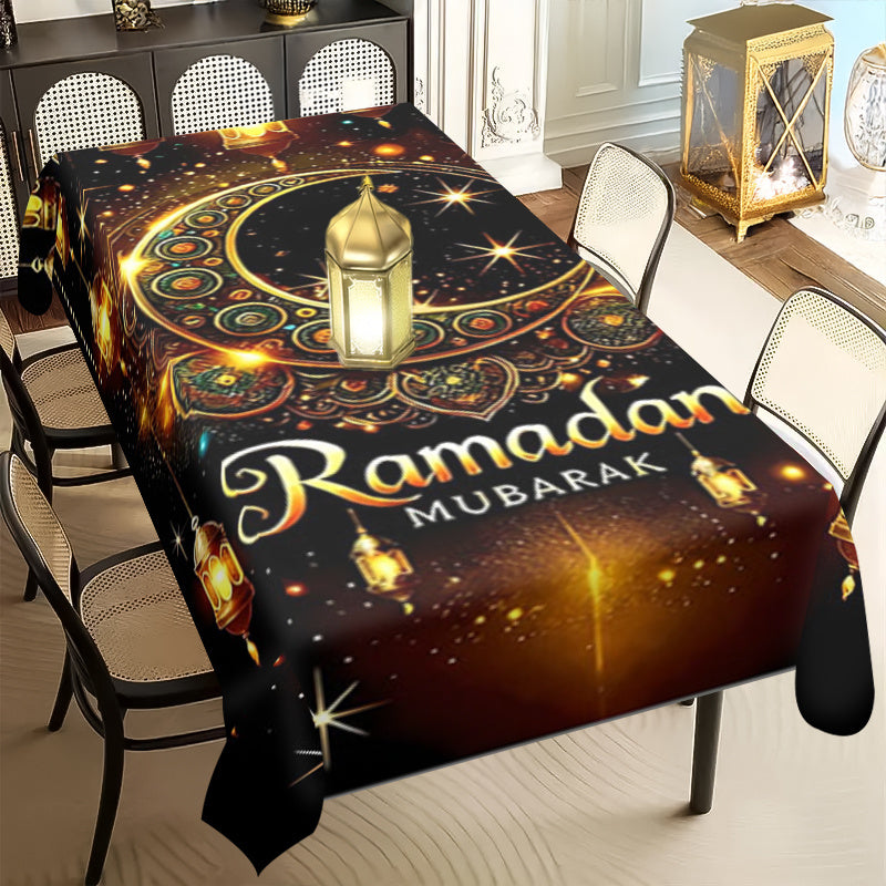 Elegant Ramadan Mubarak Square Polyester Tablecloth with Ethnic Moon Print for Eid Celebrations and Home Decor
