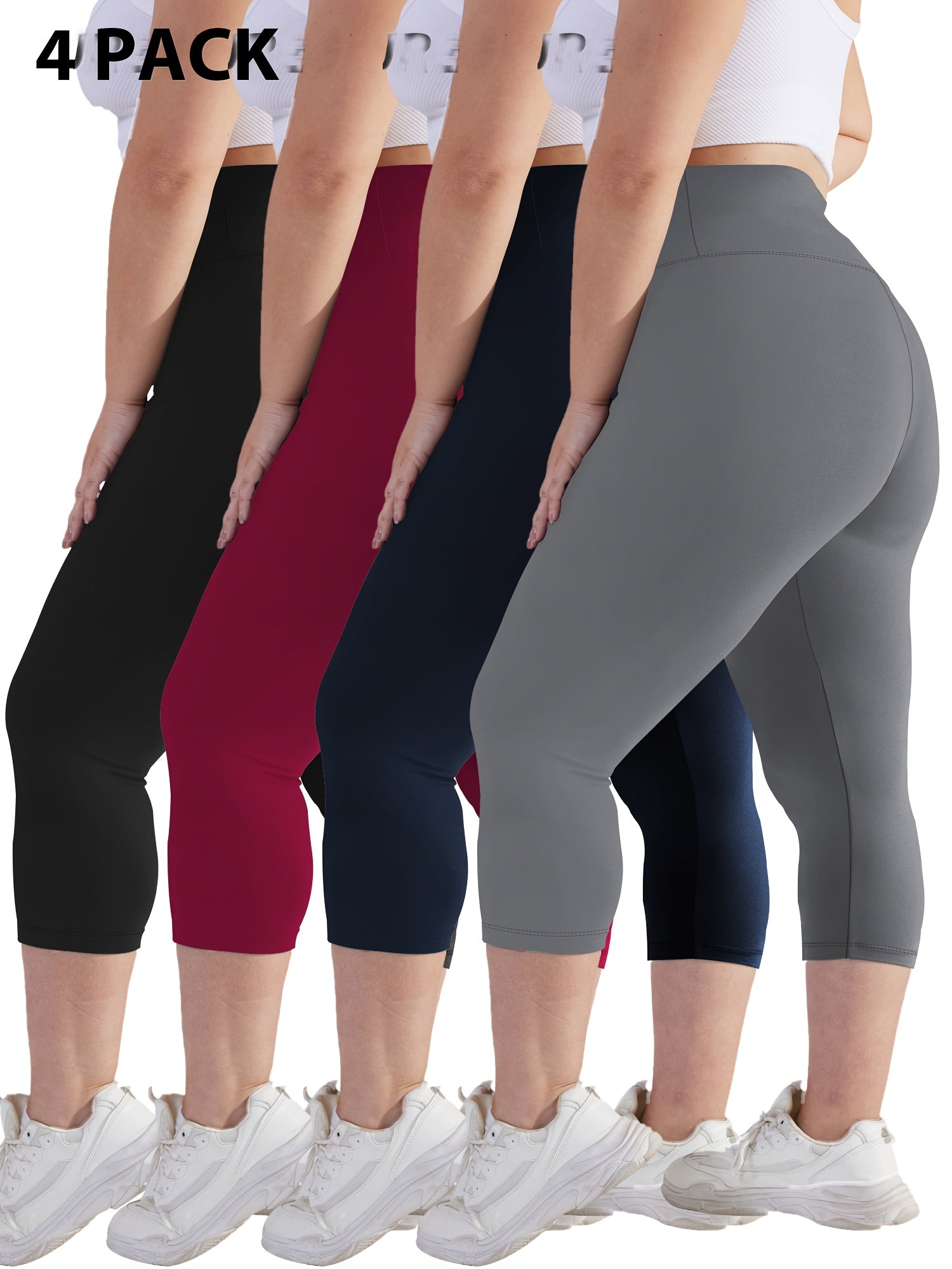 Women's Cropped Pants Black High Waist Tummy Control Skinny Leggings 4 Pack