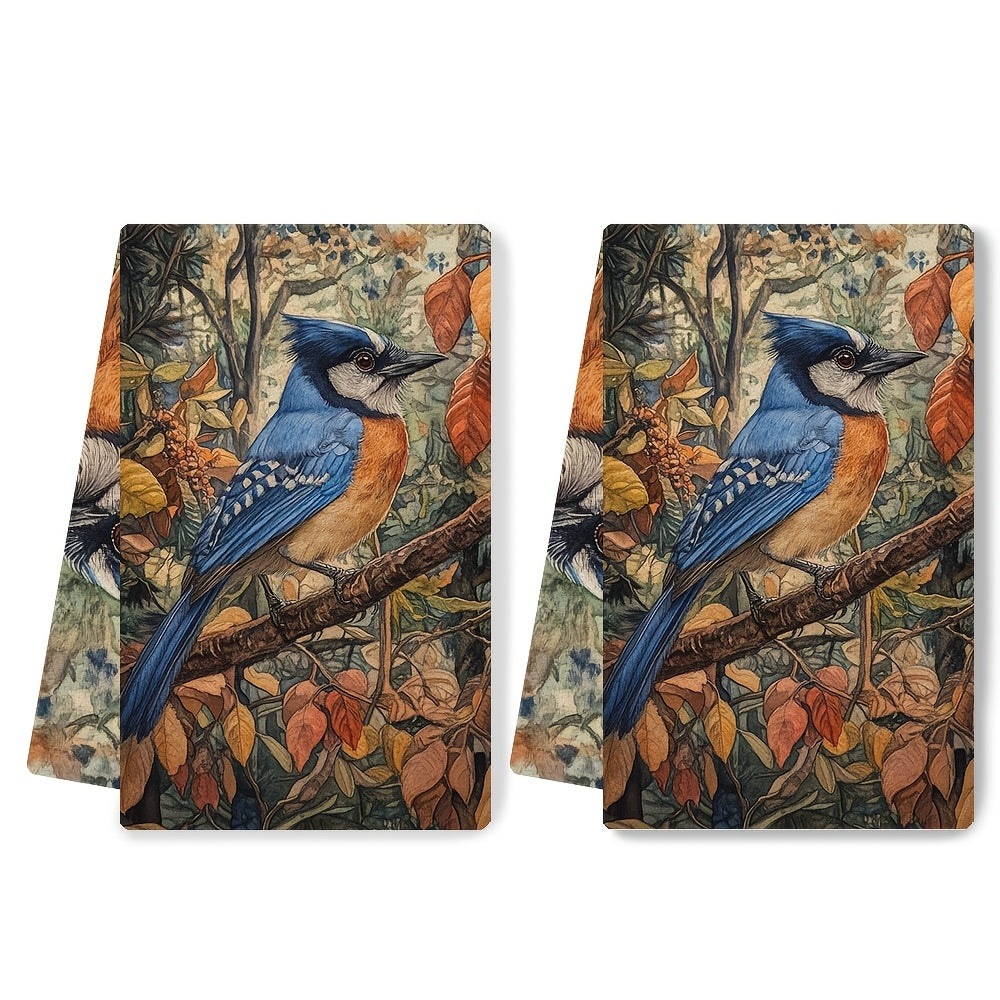 Set of 2 Coastal Blue Jay Kitchen Towels 40x60cm Super Absorbent Machine Washable