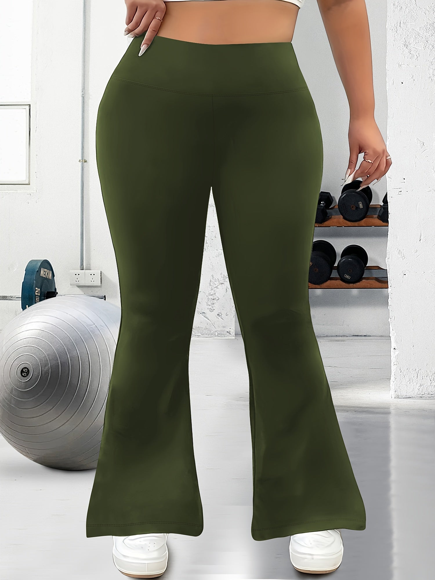 Women's Plus Size High Waist Stretchy Flare Leg Pants Olive Green