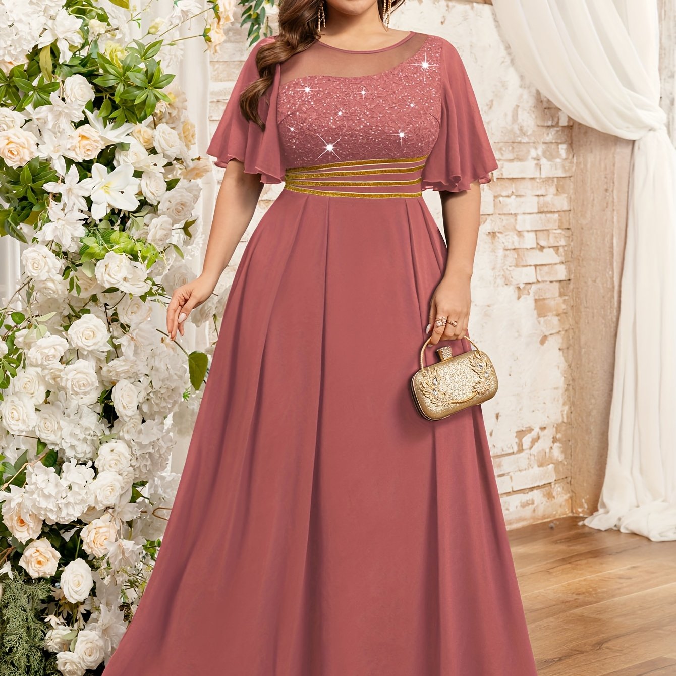 Plus Size Women's Mauve Lace Beaded Formal Floor-Length Dress for Weddings