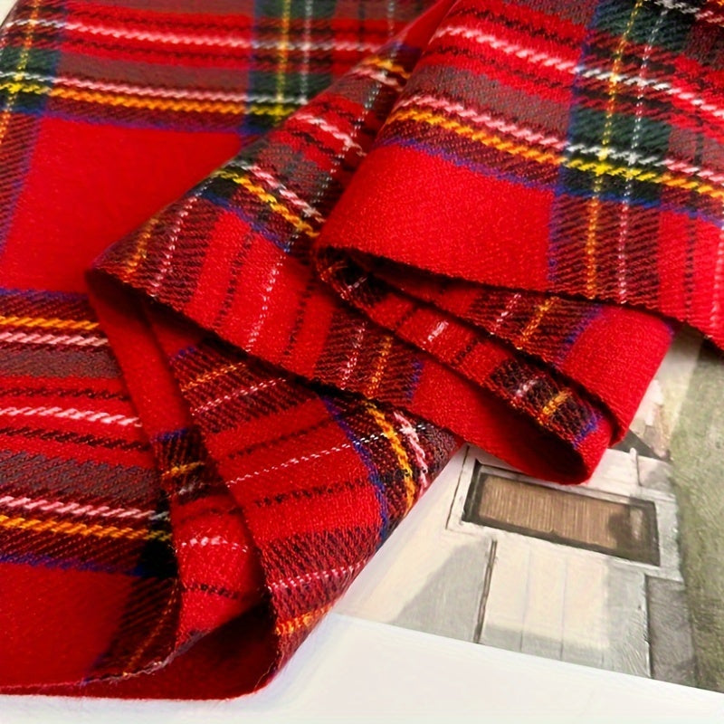 Women's Red Plaid Faux Cashmere Scarf with Tassel, Two-Way Wear, Breathable Polyester