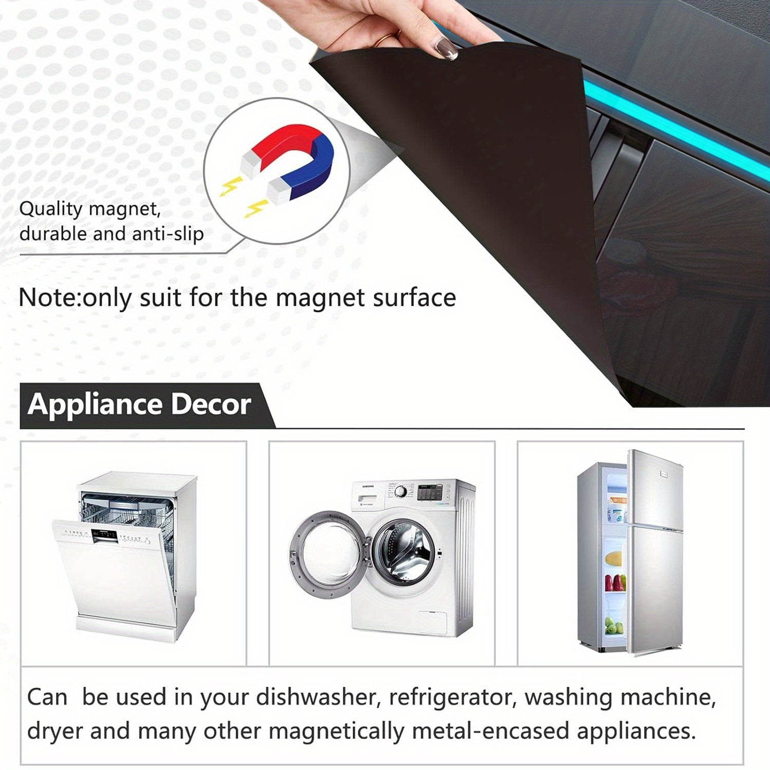 Cubierta de imán para lavavajillas negro, panel metálico resistente al agua y al calor, decal 58.5x65 cm