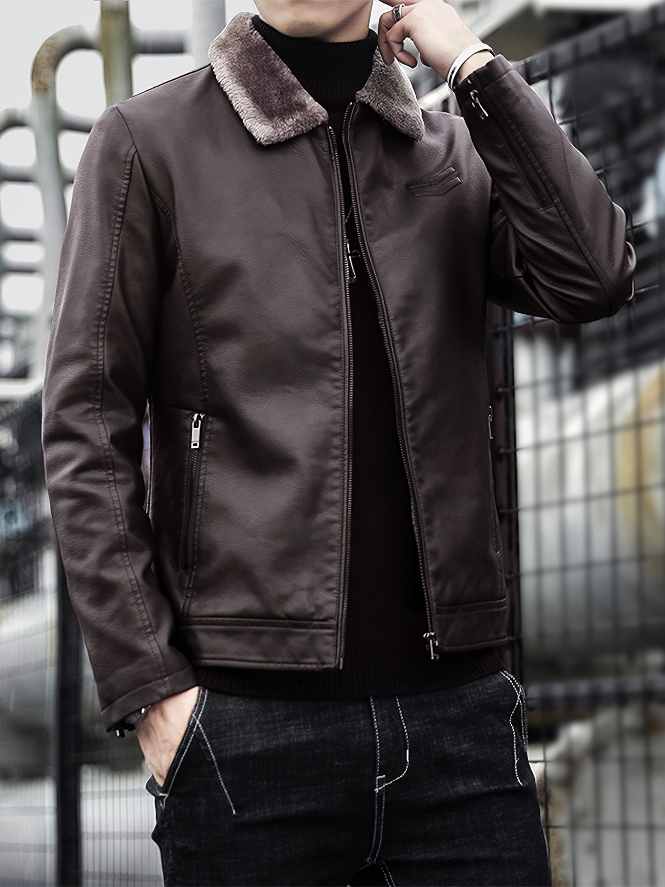 Zarif erkaklar uchun Koreys uslubidagi mototsikl kurtkasi, ichki qismi mo'ynali, piyoda sayr qilish va ochiq havoda faoliyatlar uchun mukammal.