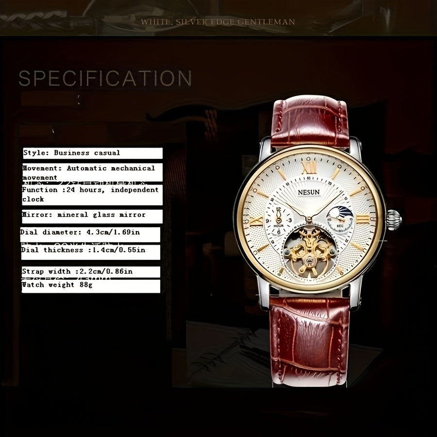 Men's Mechanical Watch Luminous Hollow Business Stainless Steel Leather Strap