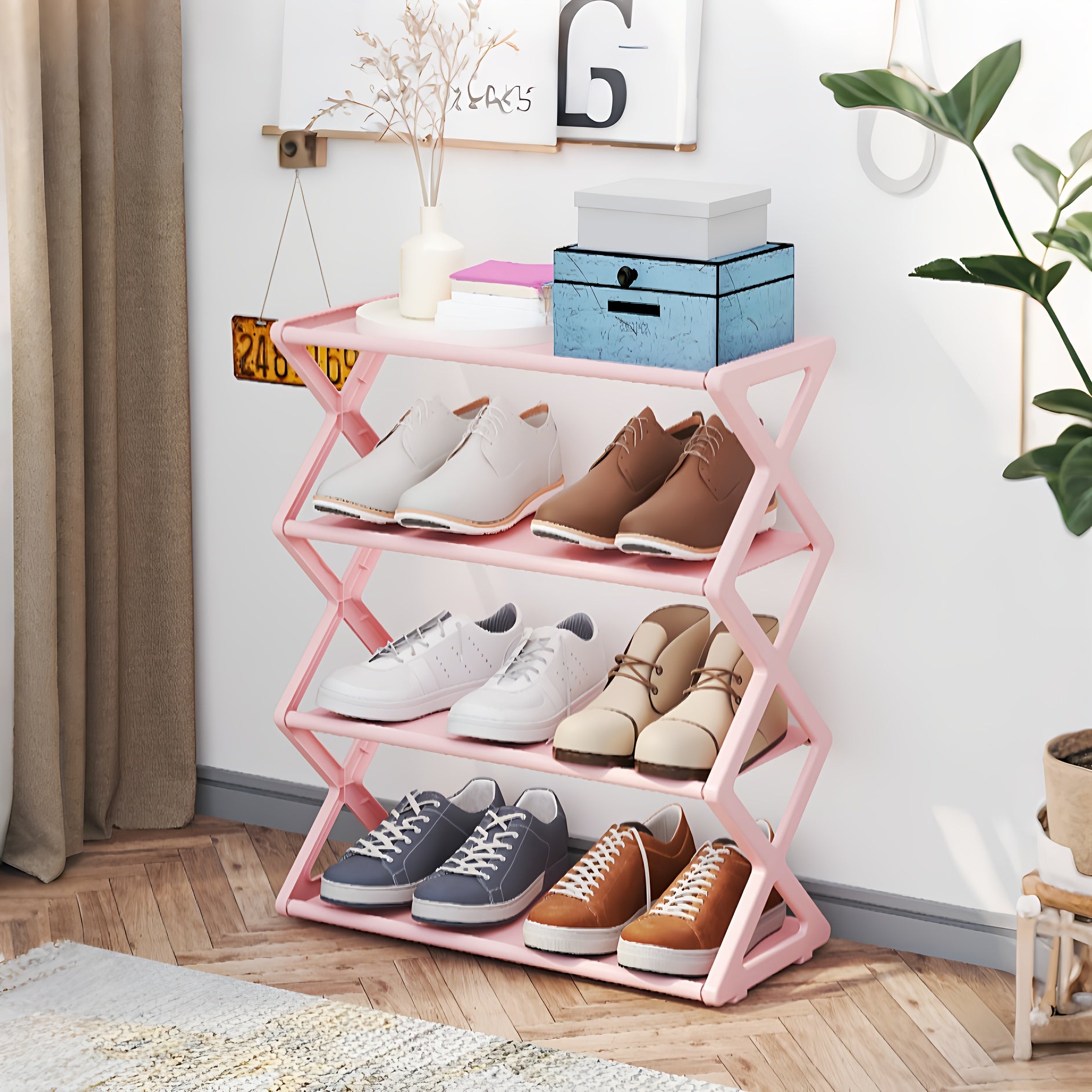 4-Tier Foldable Plastic Shoe Rack with 12-Pair Capacity Vintage Design Stackable No Assembly