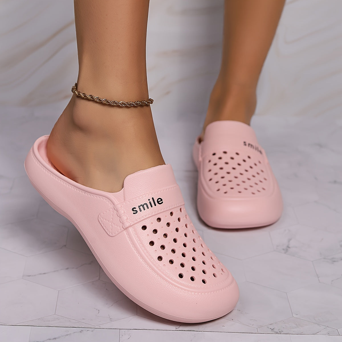 Women's Black EVA Mules with Smile Print Flat Casual Footwear