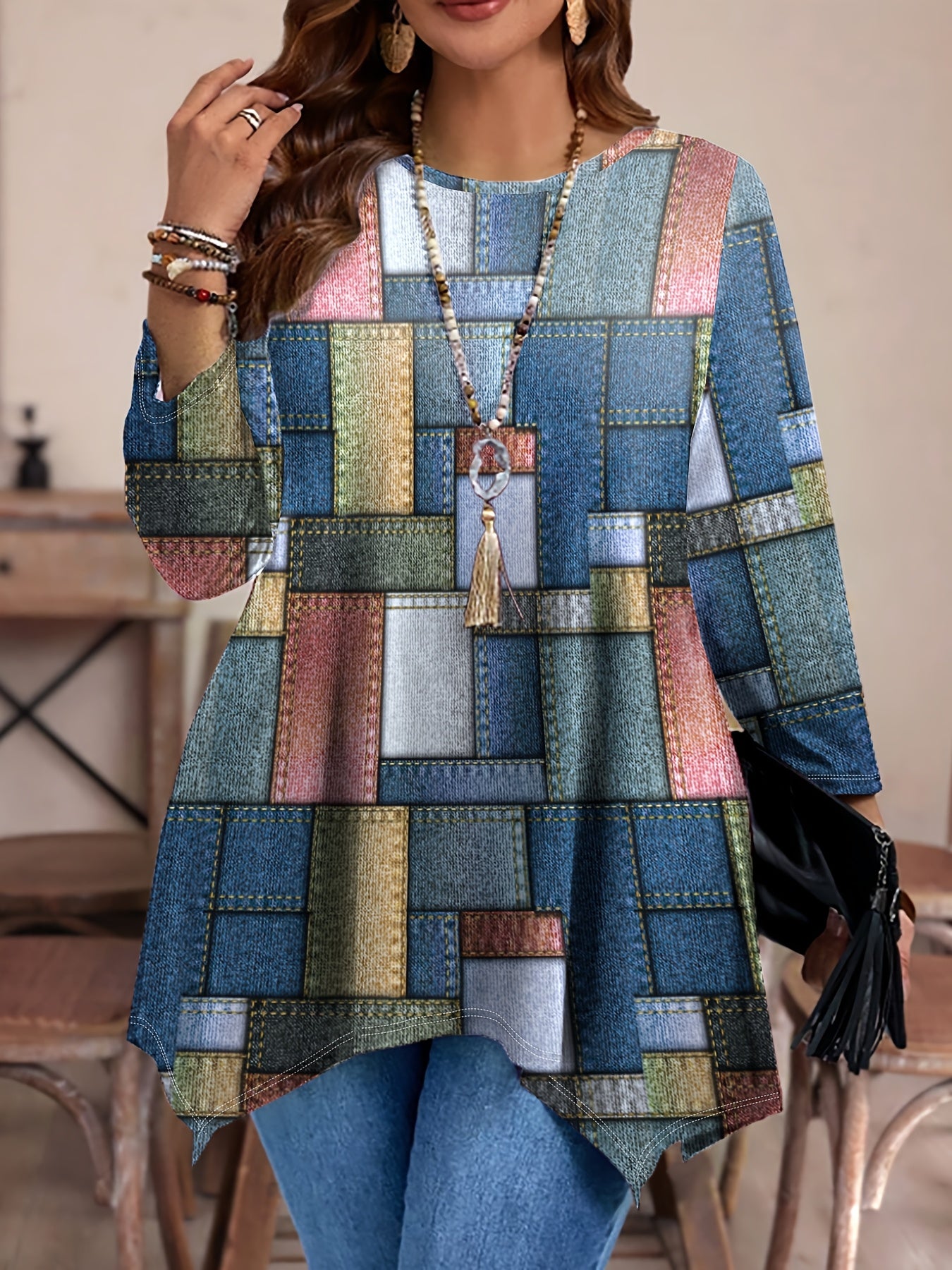 Plus Size Plaid T-Shirt for Women Crew Neck Long Sleeve Polyester Blend Casual