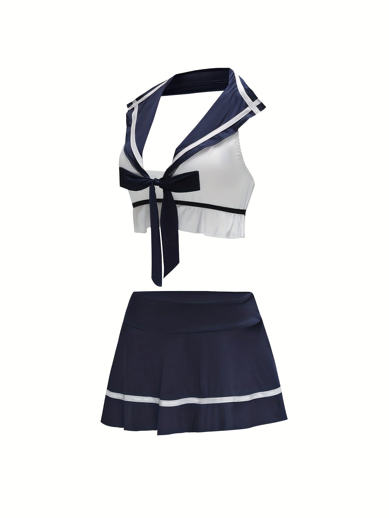 Jozibali ichki kiyim to'plami, yovvoyi rol o'ynash kostyumi, bo'yinbog'li ipli brassier va mini yubka.