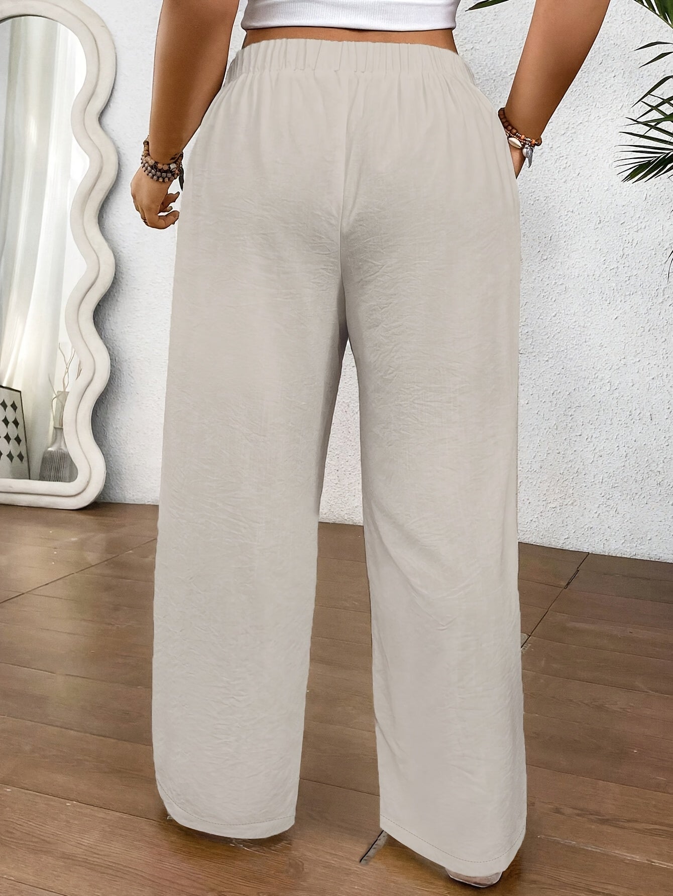 Women's Plus Size Wide Leg Pants Polyester Elastic Waist Tiedetail Black