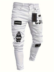 Vaqueros de mezclilla de corte ajustado para hombre con elastano, rotos, con detalles de insignias, lavado medio gris