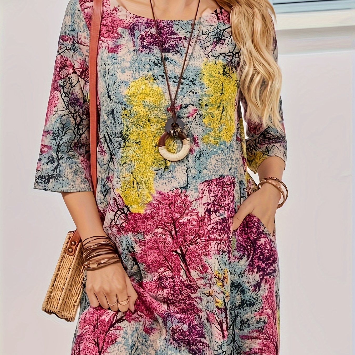 Vestido midi de tamaño grande con estampado geométrico y bolsillos para mujer, casual, verano y otoño