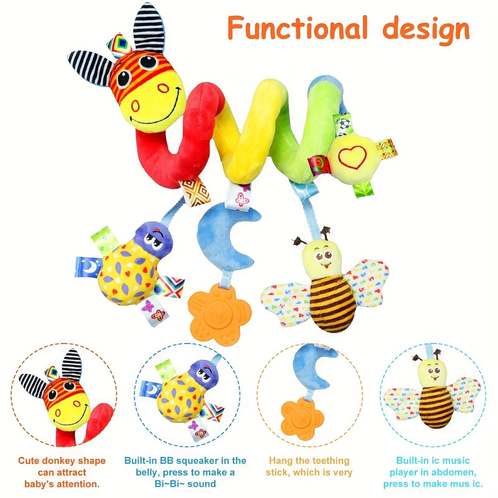 Bolalar eshak spiral faoliyat o'yinchoq, mashina o'rindig'i, bolalar aravachasi va karavot uchun, tishlagich va shovqinli chayqalish bilan