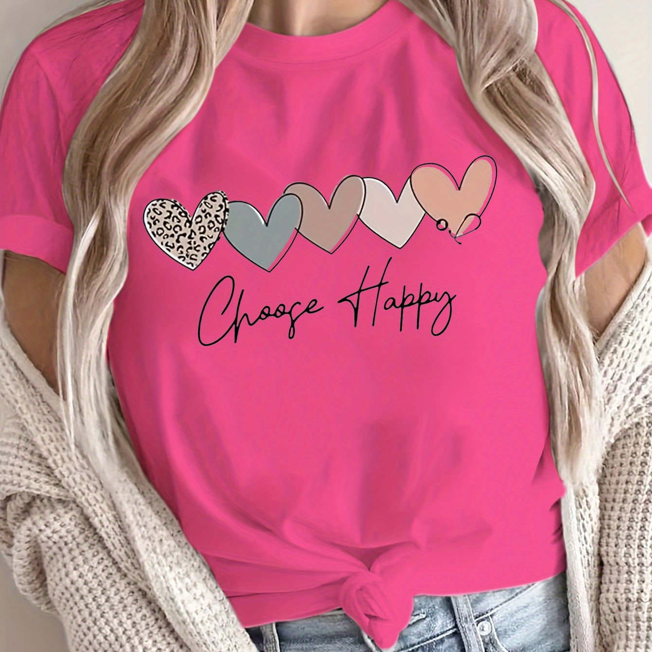 Plus Size Heart Letter Print T-Shirt Casual Short Sleeve Top for Spring and Summer