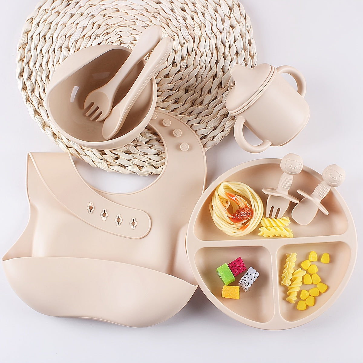 8pcs Silicone Baby Feeding Set Divided Plate Bowl Spoon Fork Bib Learning Cup for Toddlers