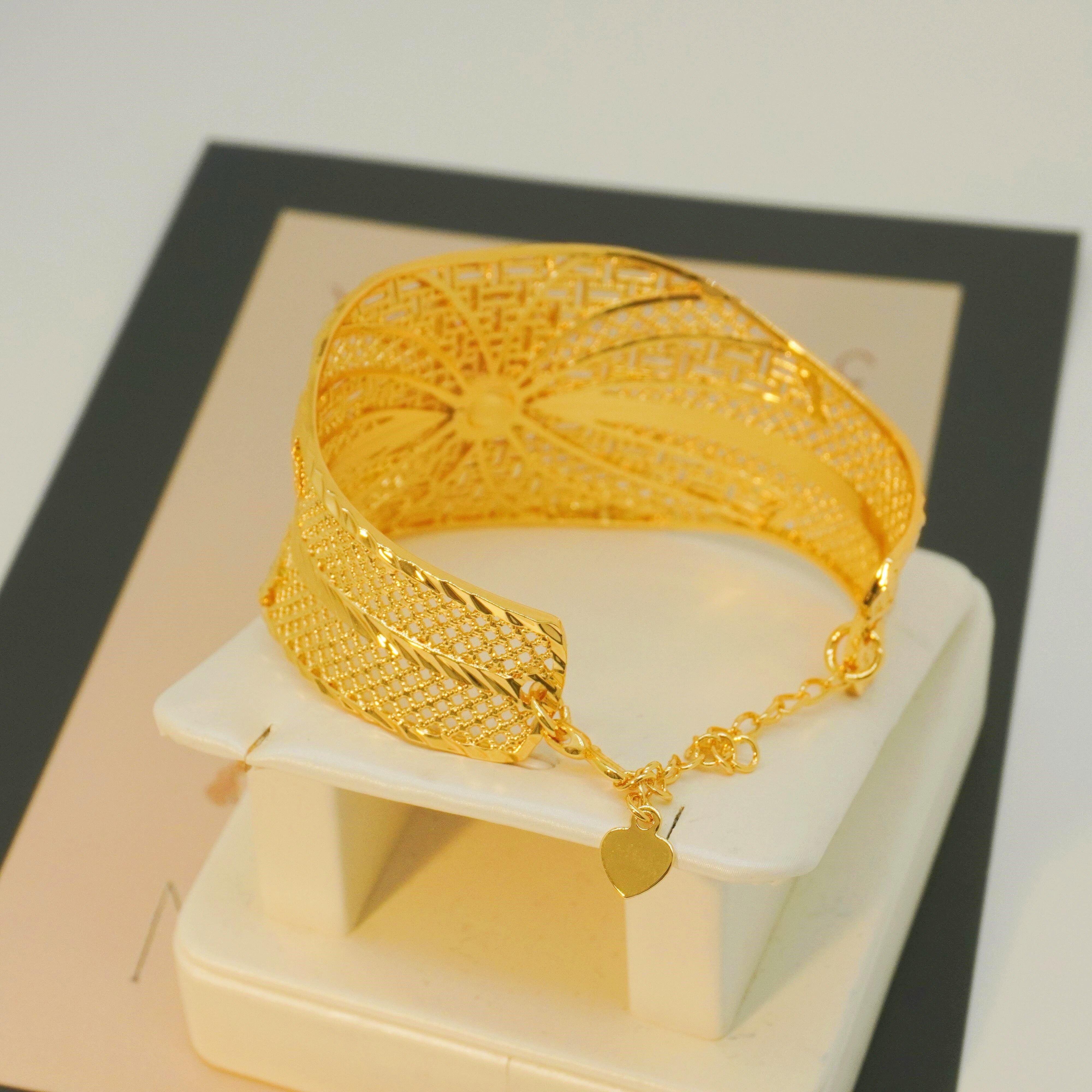 Gold Flower Pattern Wide Bracelet for Weddings and Engagements