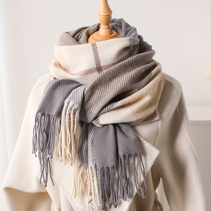 Qishki shalv ayollar uchun faux kaşmirli plaid, tasselled, vintage uslub