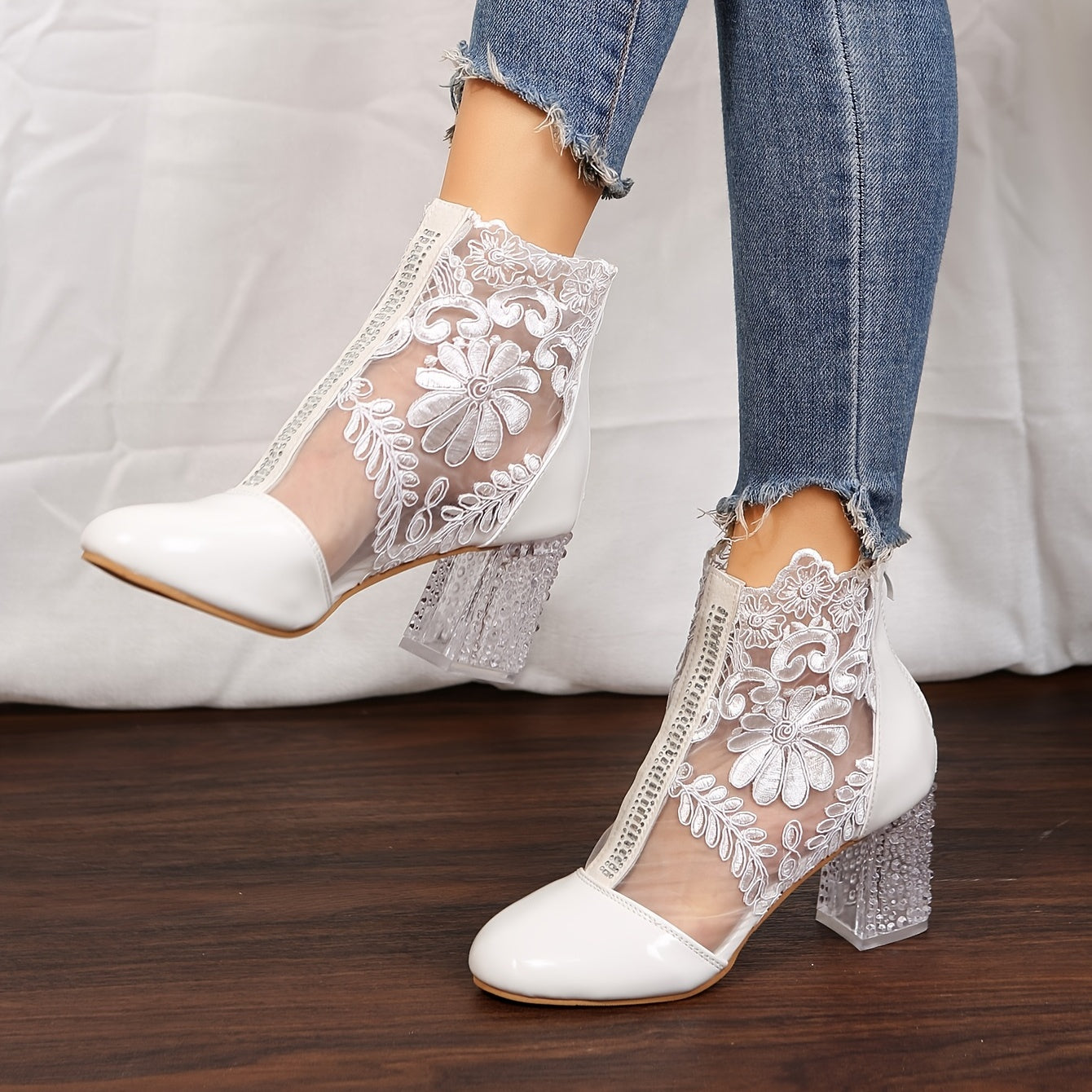 Women's Floral Print Lace Ankle Boots Back Zipper Square Heel Round Toe