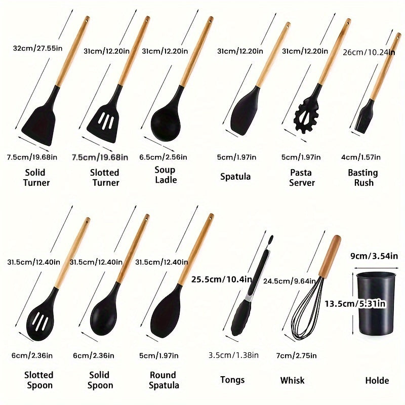Набор кухонных принадлежностей из 12 силиконовых предметов с деревянными ручками и корзиной для хранения