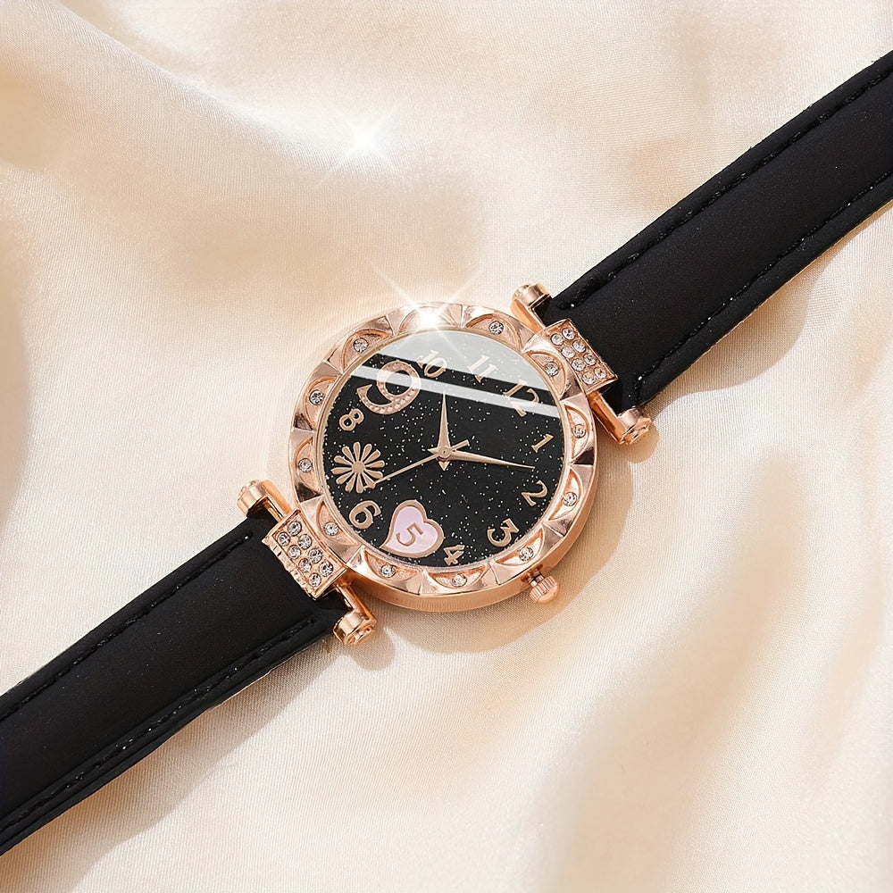 6 dona ayollar uchun pushti yurak dizayni soatlari bilan rhinestones va mos keladigan bilakuzuklar to'plami