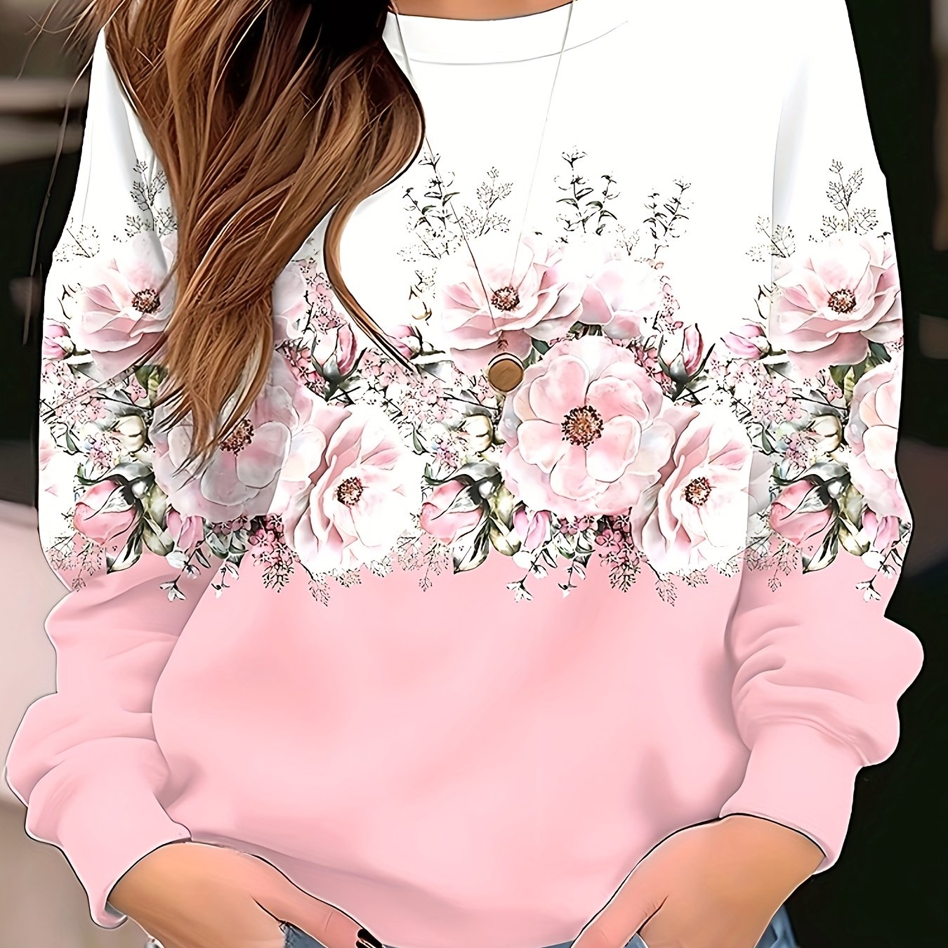 Women's Floral Print Pullover Sweatshirt Pink White Long Sleeve Fall Winter Top