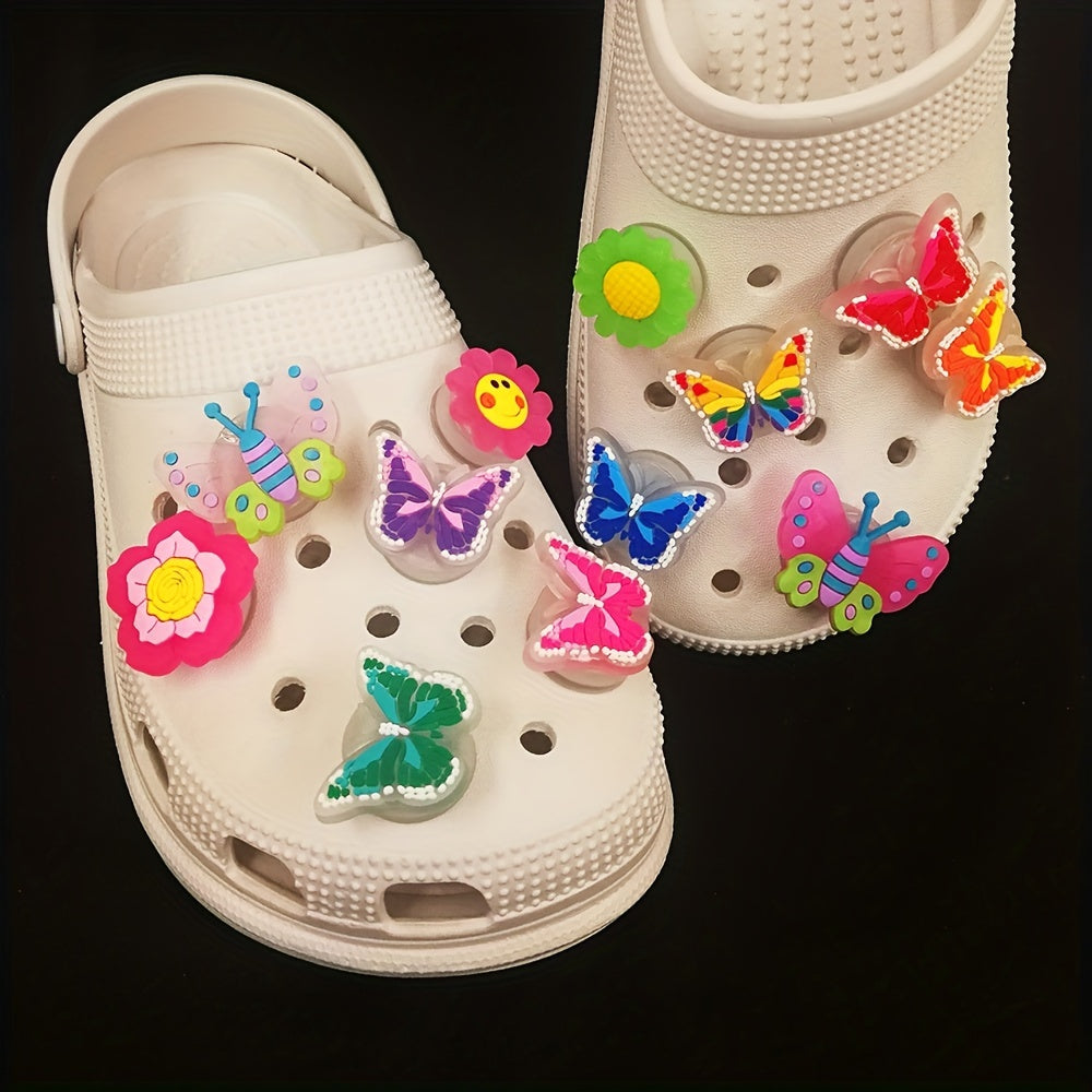 Qizlar va ayollar uchun LED shablamli kapalak va quyosh gul poyafzal bezaklari 2 dona rang-barang yoritgichli charm