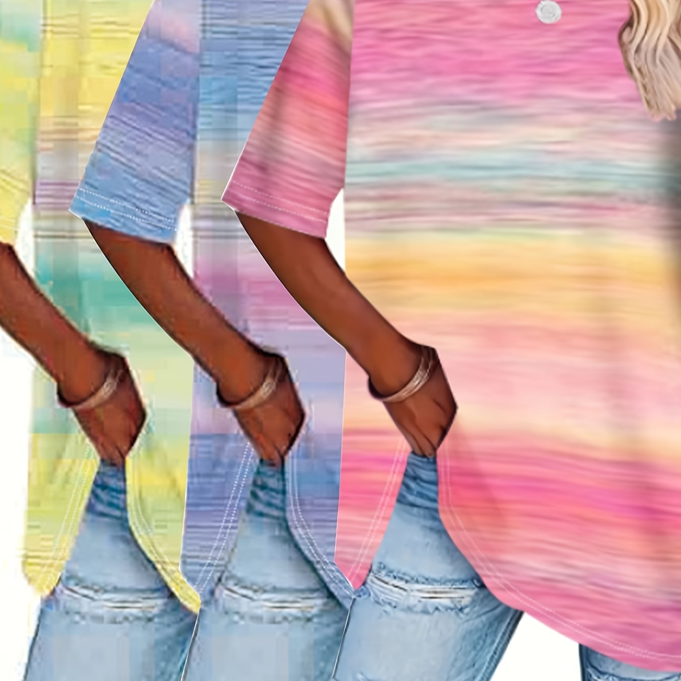 Pack de 3 camisetas casuales para mujer talla grande, de colores suaves, con efecto tie-dye y lisas
