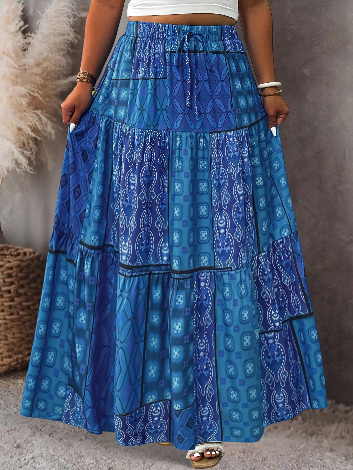 Plus Size Women's Pleated Midi Skirt with Blue Floral Print Adjustable Waist