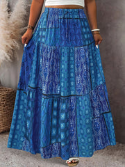 Plus Size Women's Pleated Midi Skirt with Blue Floral Print Adjustable Waist