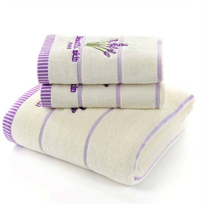 Lavender Pattern Towel Set 3 Pieces Bath and Face Towels Soft Cotton