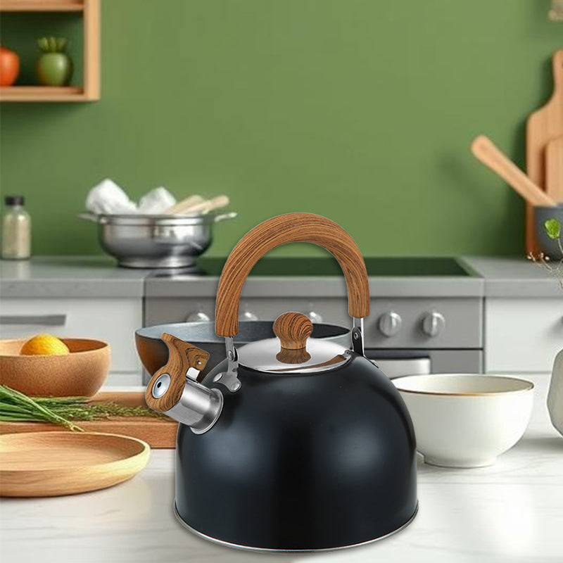 Stainless Steel Whistling Tea Kettle with Wood Grain Handle and Button Spout Black Heavy-Duty Teapot for Boiling Water