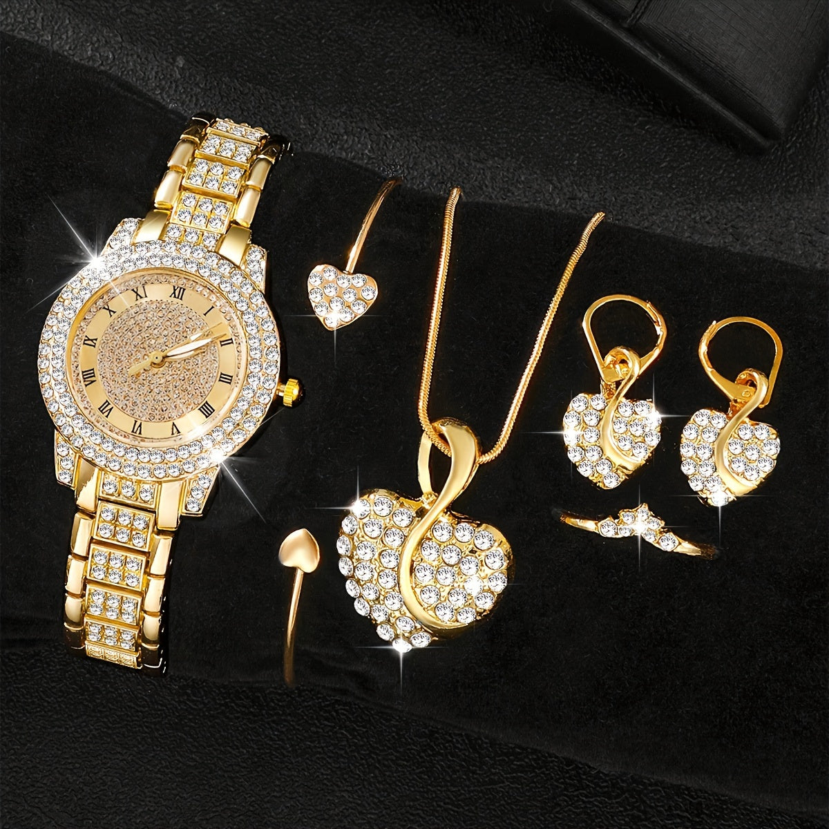 Set de reloj y joyería de 6 piezas con cristales de oro para mujer con movimiento de cuarzo