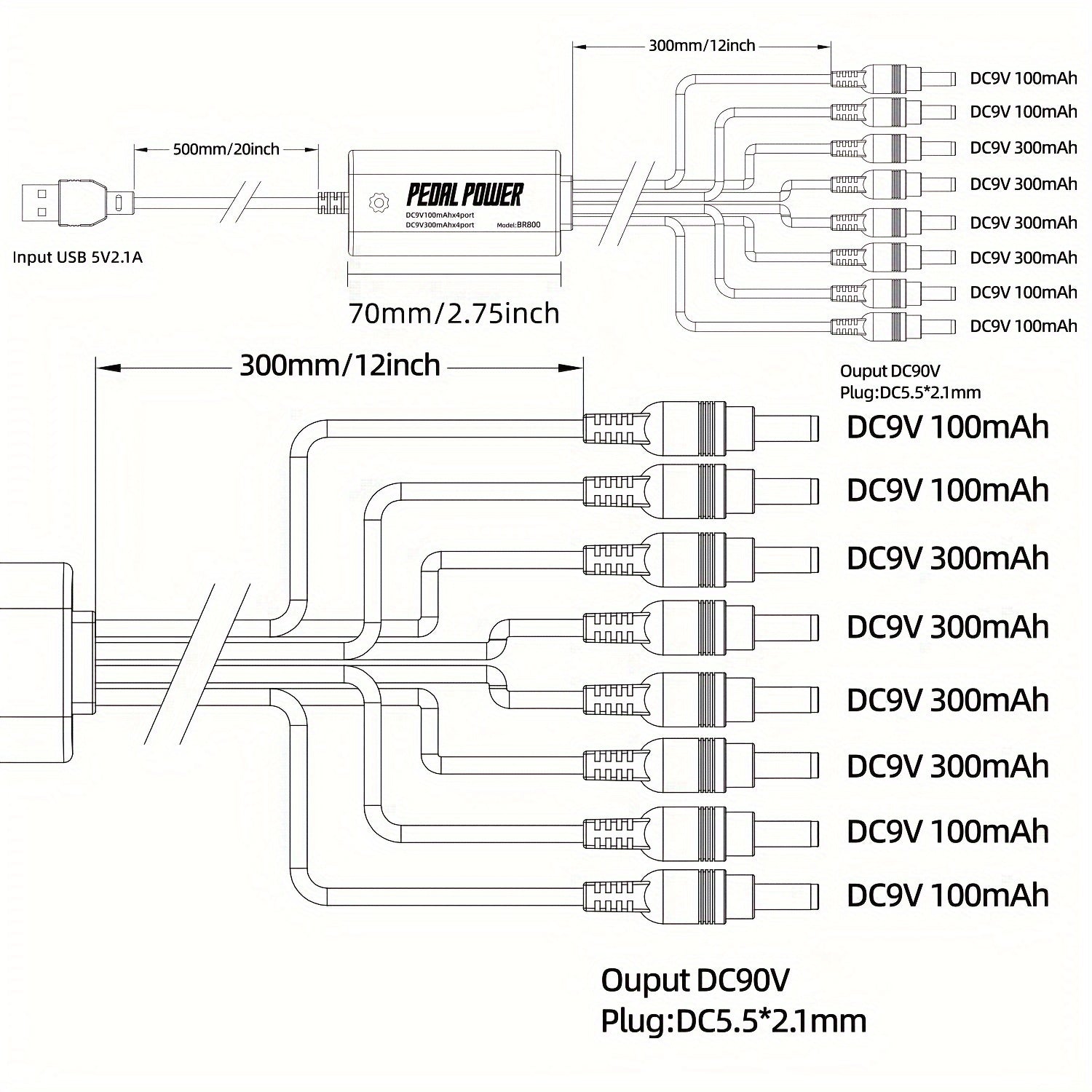 Guitar Pedal Power Supply with 8 Outputs and USB 9V DC Adapter