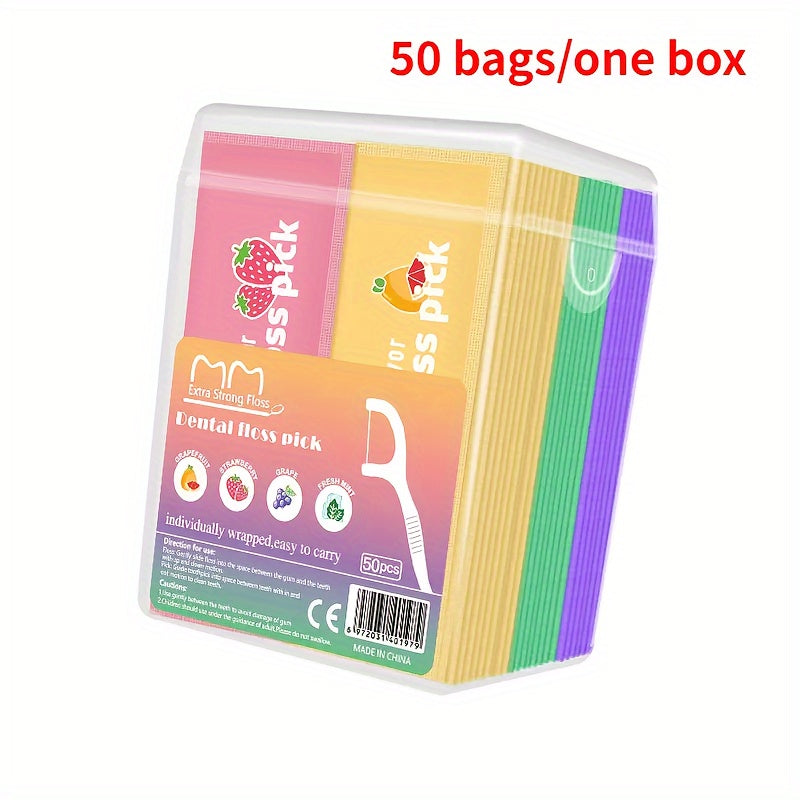 Box Of 50 Fruit-Flavored Floss Picks Mint Toothstring Disposable Floss