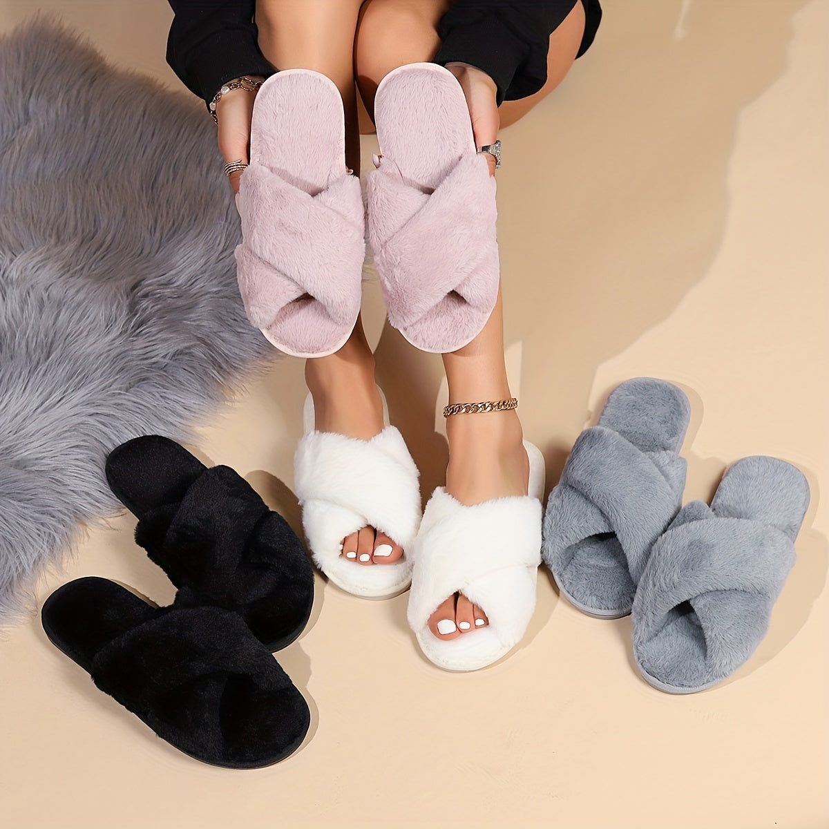 Women's Plush Faux Fur Slippers Open-Toe Slip-Ons with Non-Slip Sole