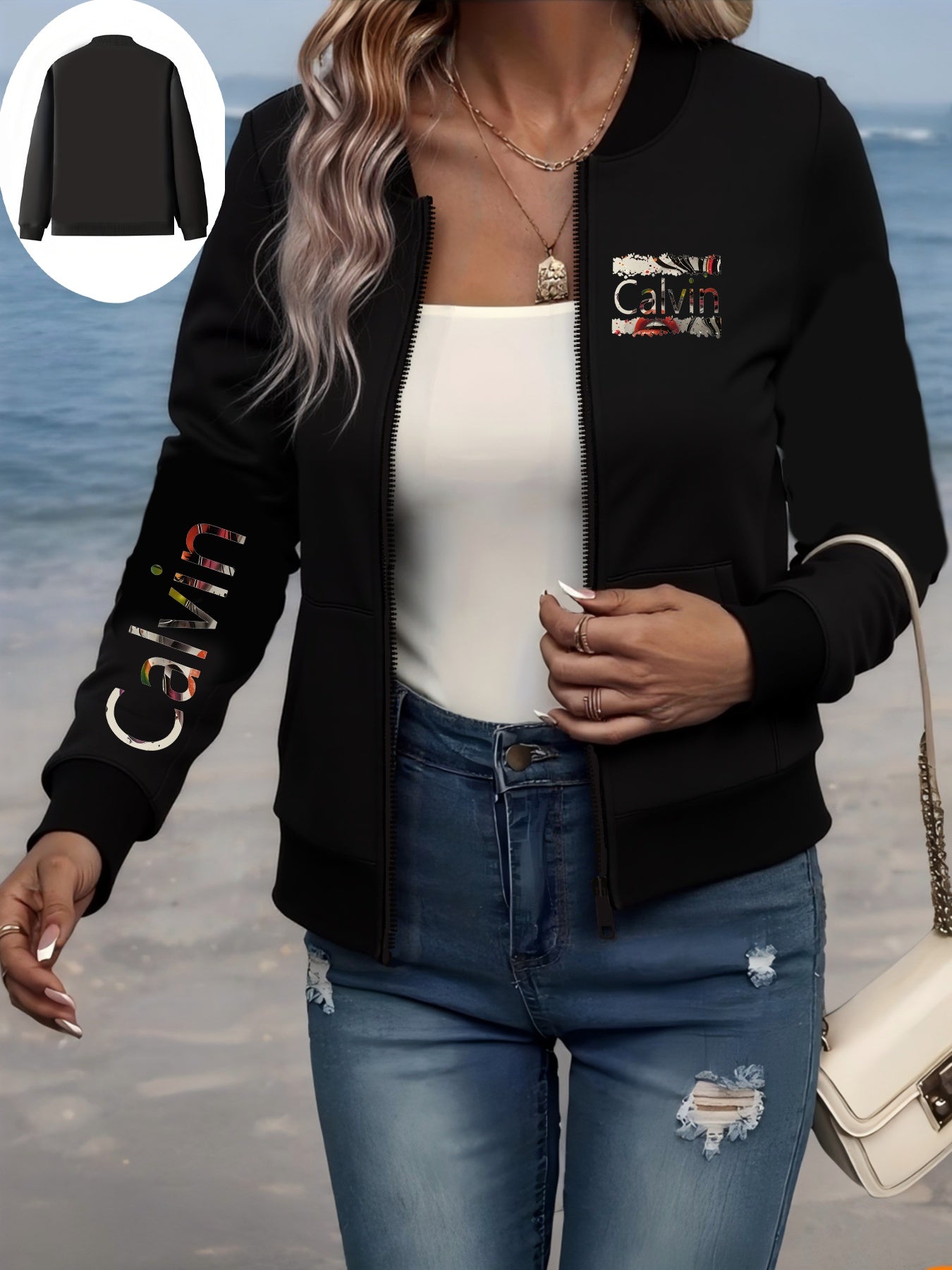 Women's Plus Size Bomber Jacket Black Casual Long Sleeve Streetwear