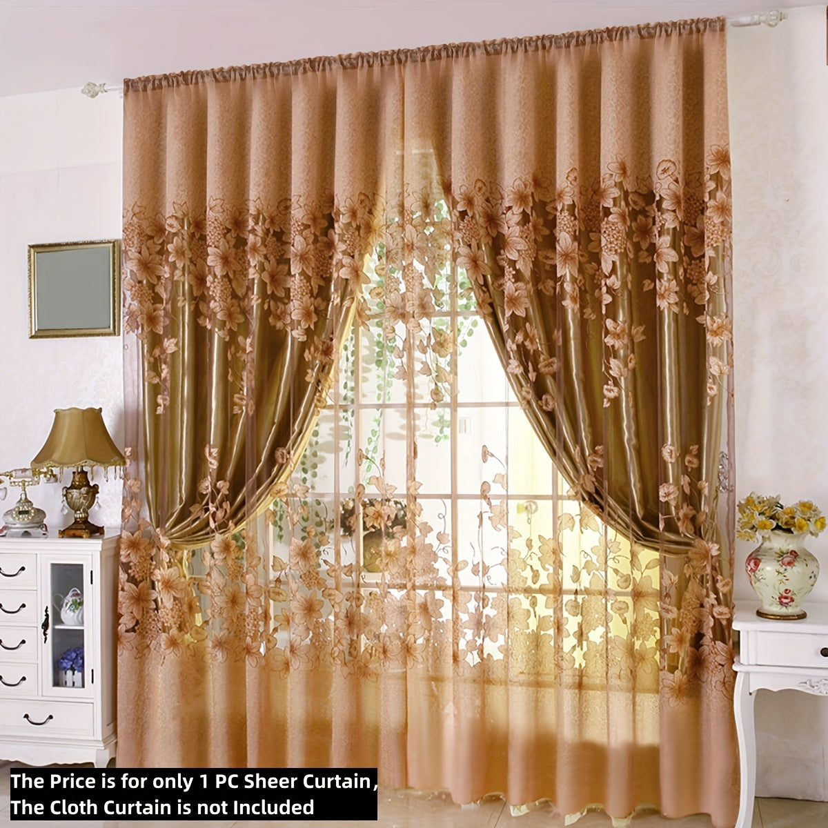 Sheer Curtain with Flower Pattern Pastoral Morning Glory Single Layer Rod Pocket for Living Room Bedroom
