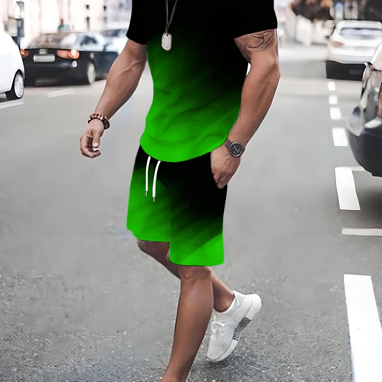 Men's Summer Color-Block Print T-Shirt and Shorts Set Crew Neck Casual Sports