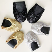 Women's Foldable Portable Travel Ballet Flat Shoes With Sequins and Pouch