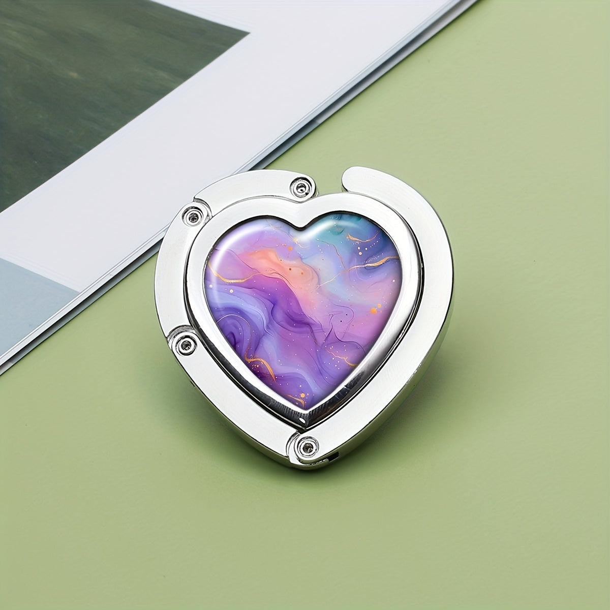 Portable Metal Handbag Hook with Boho Heart Foldable Design in Watercolor Purple Blue Pink