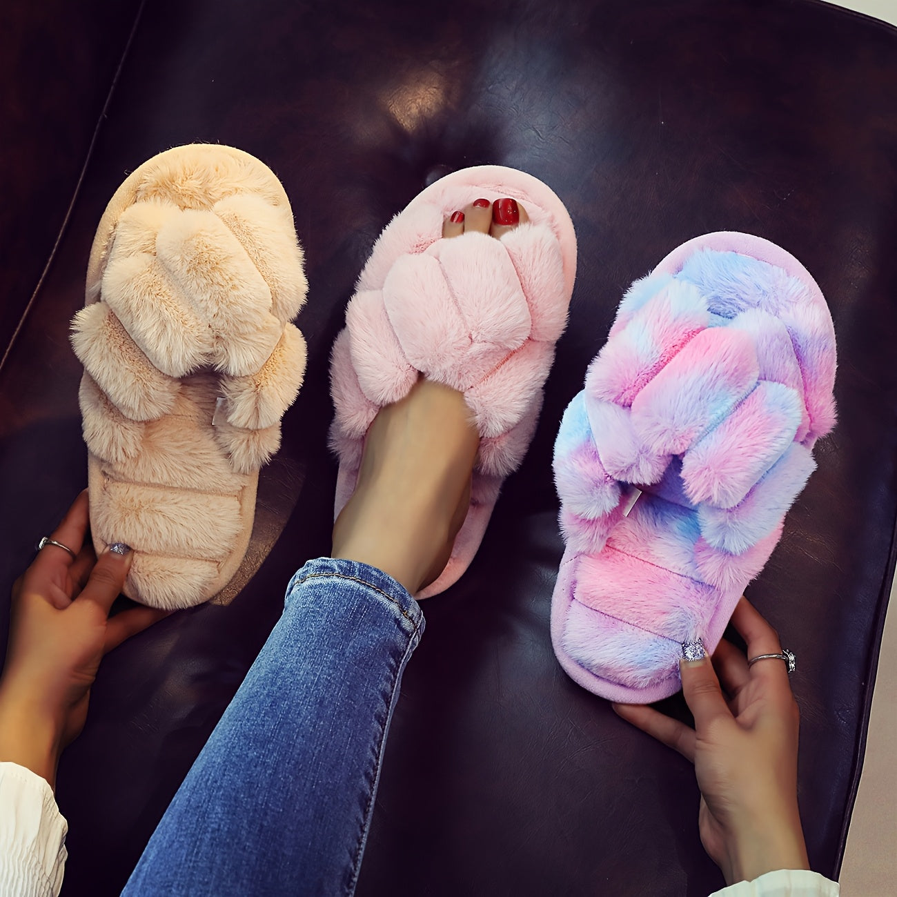 Women's Plush Cross-Strap Slip-On Slippers - Soft Fabric, EVA Sole, Indoor Beige Pink