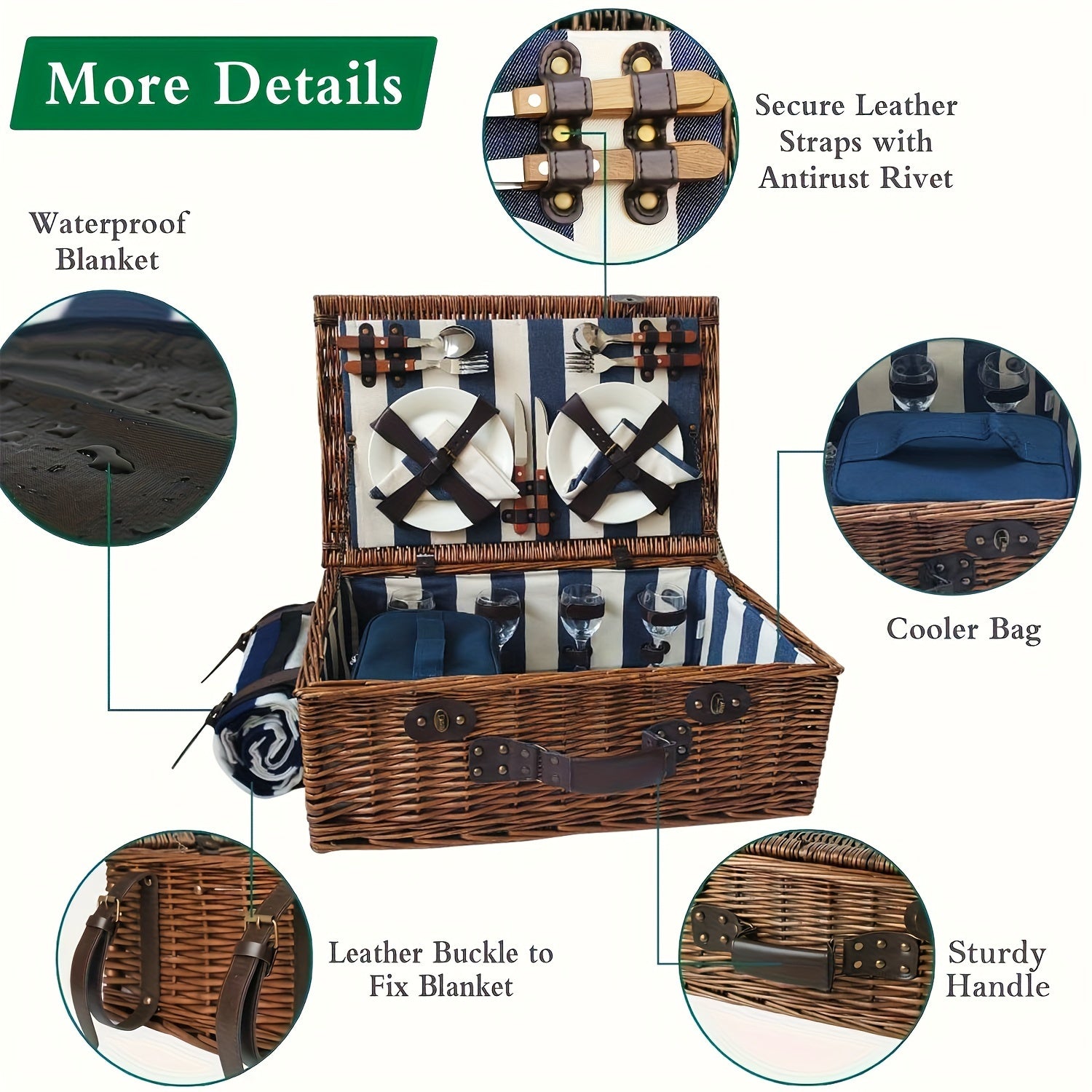 XL Willow Picnic Basket for Four with Service Set and Accessories