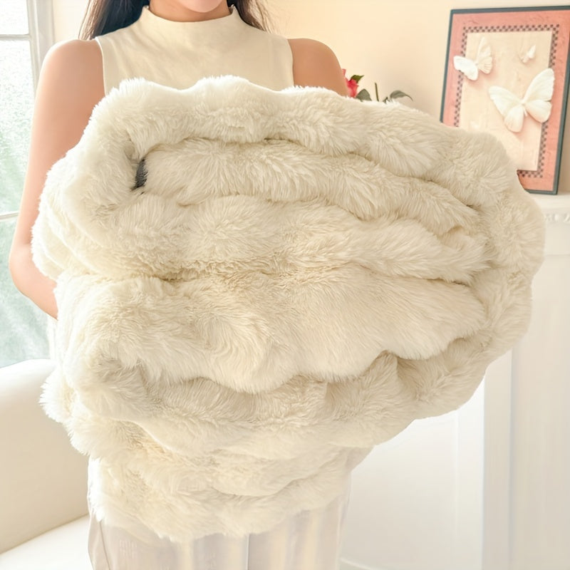Faux Rabbit Fur Throw Blanket White Geometric Snuggle Cozy Sofa Bed
