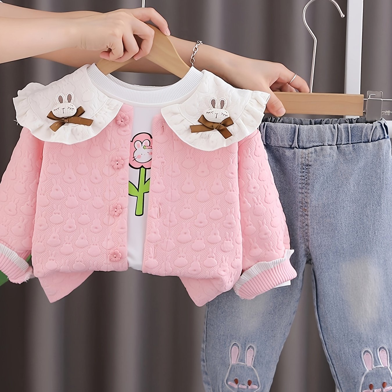 Girls' 3-Piece Spring Autumn Fashion Set with Floral Print Ruffle Collar Denim Pants