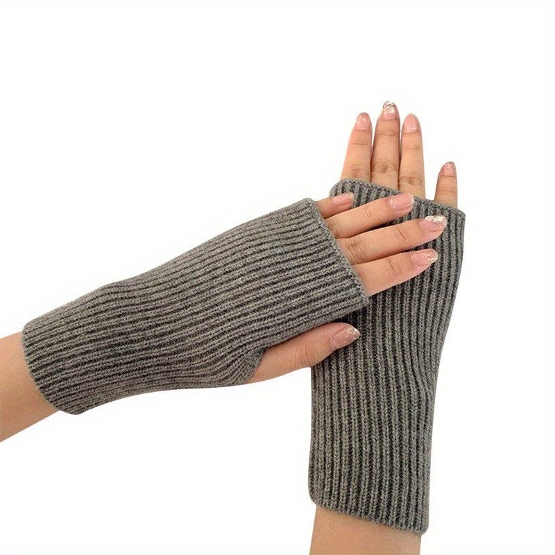 Solid Color Knitted Fingerless Gloves Touch Screen Compatible Warmth