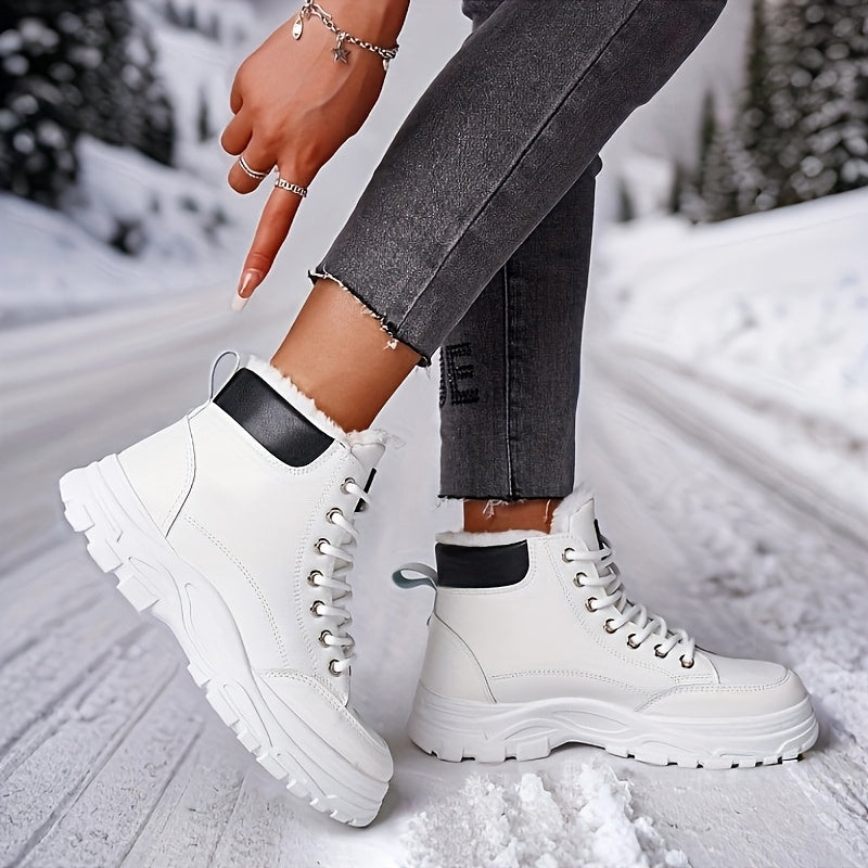Women's Snow Boots Thick Sole High-Top Warm Leather Lace-Up White